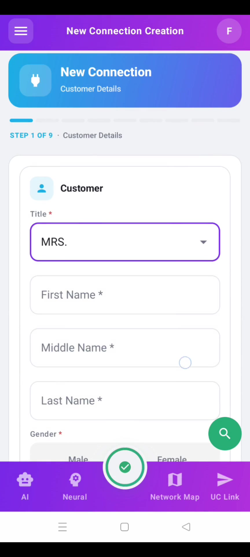 Step 1 — Customer Details form with name, mobile, email, ID proof fields.