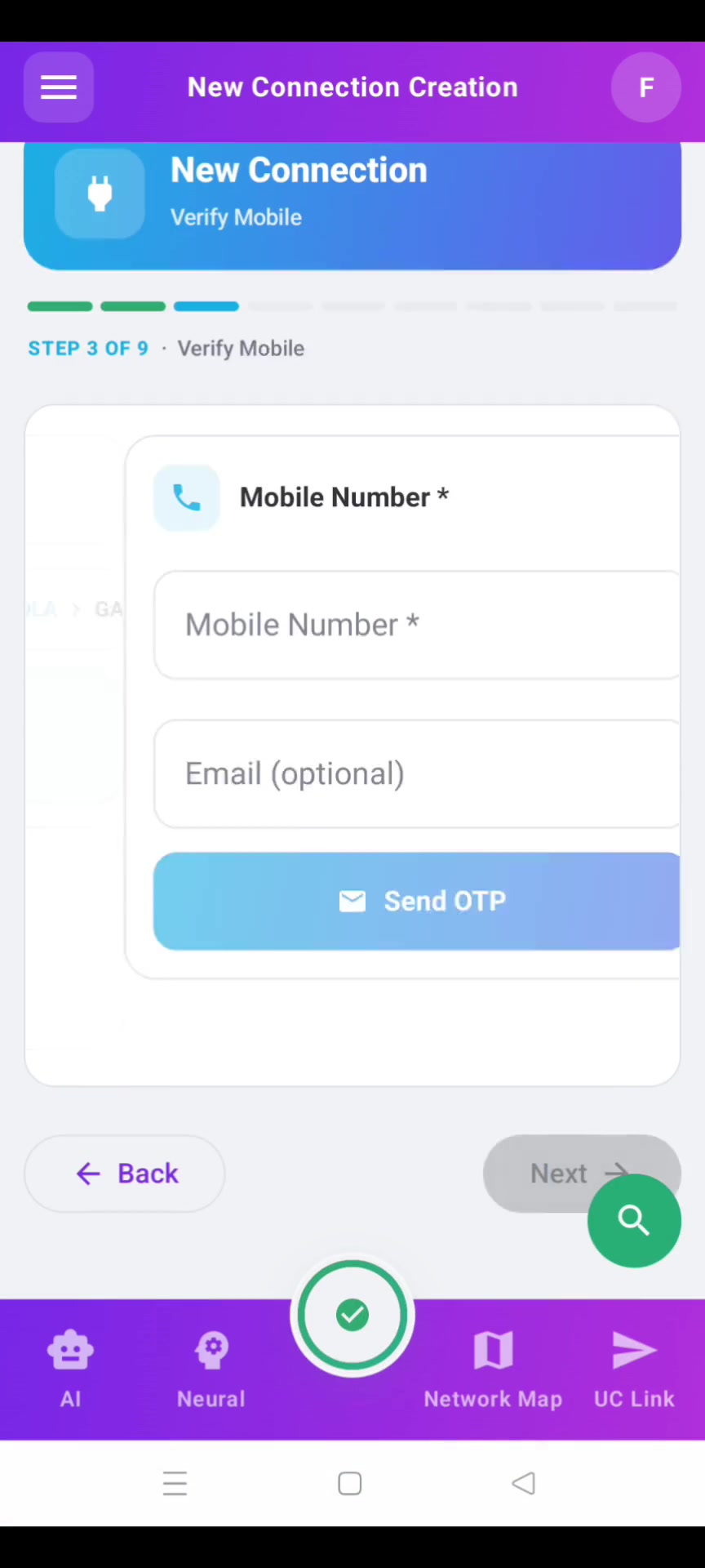 Step 3 — OTP verification screen with 6-digit input.