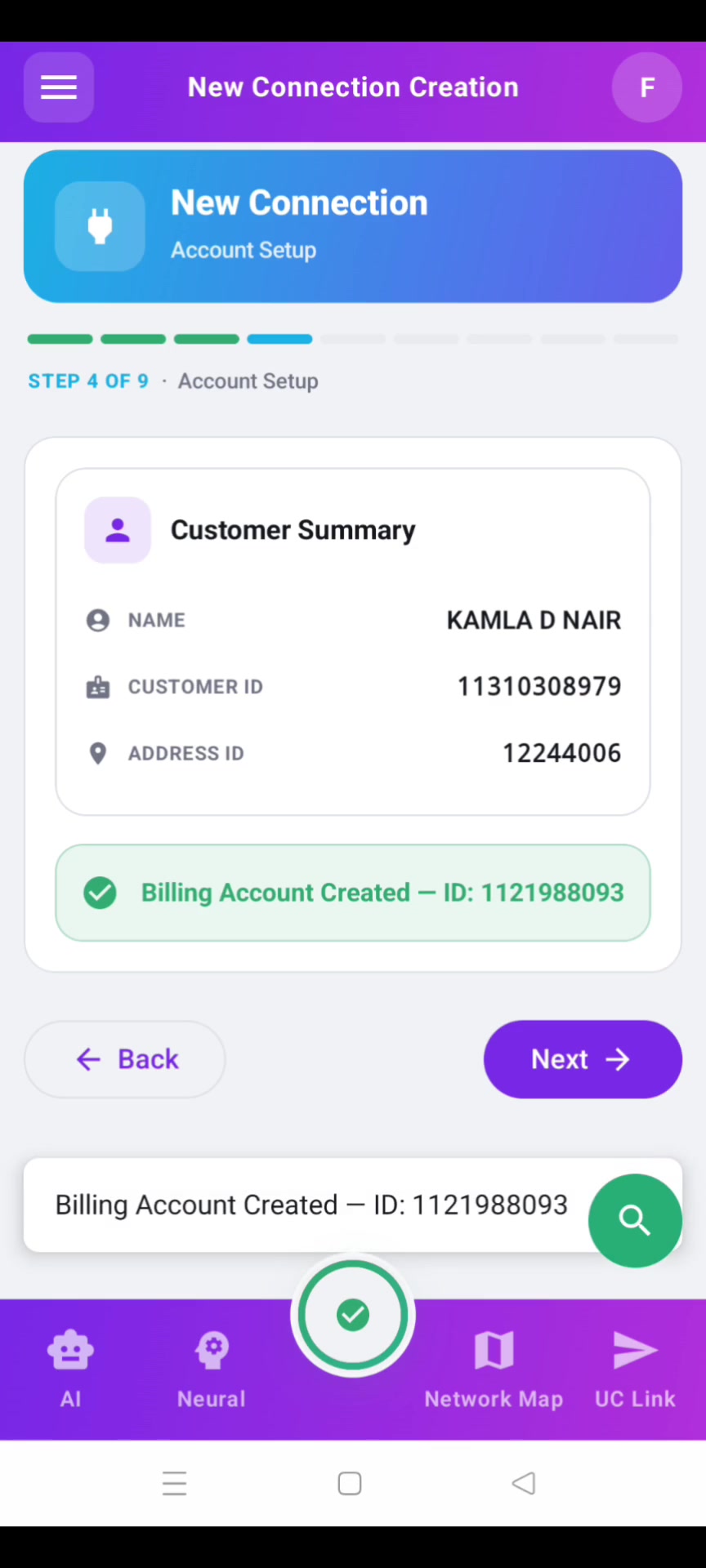 Step 4 — Account Setup with generated username + password.