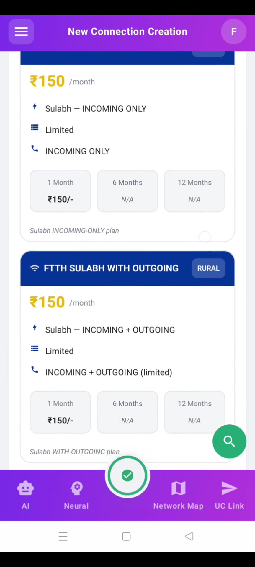 Step 6 — Bharat Fiber plan grid with price and speed per card.