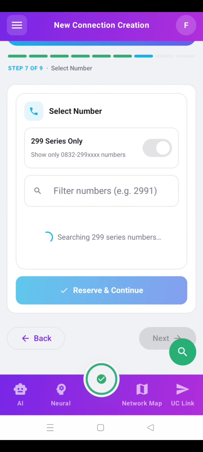 Step 7 — Number picker with 'starts with' filter and available pool.